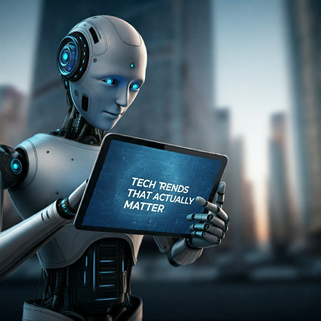 Robot reading the news on a tablet